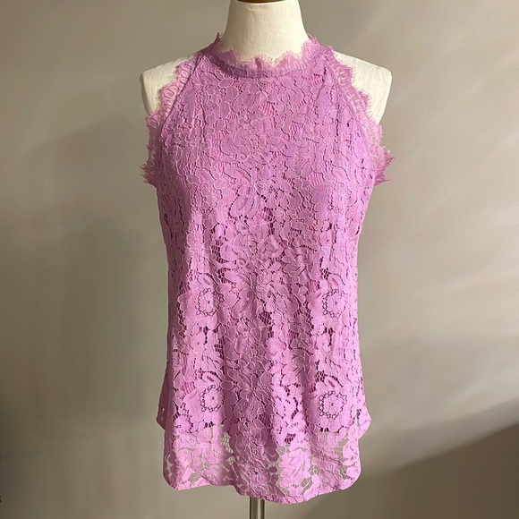 Women’s summer lace halter top sleeveless mock neck eyelash finishMed lilac - Picture 2 of 12